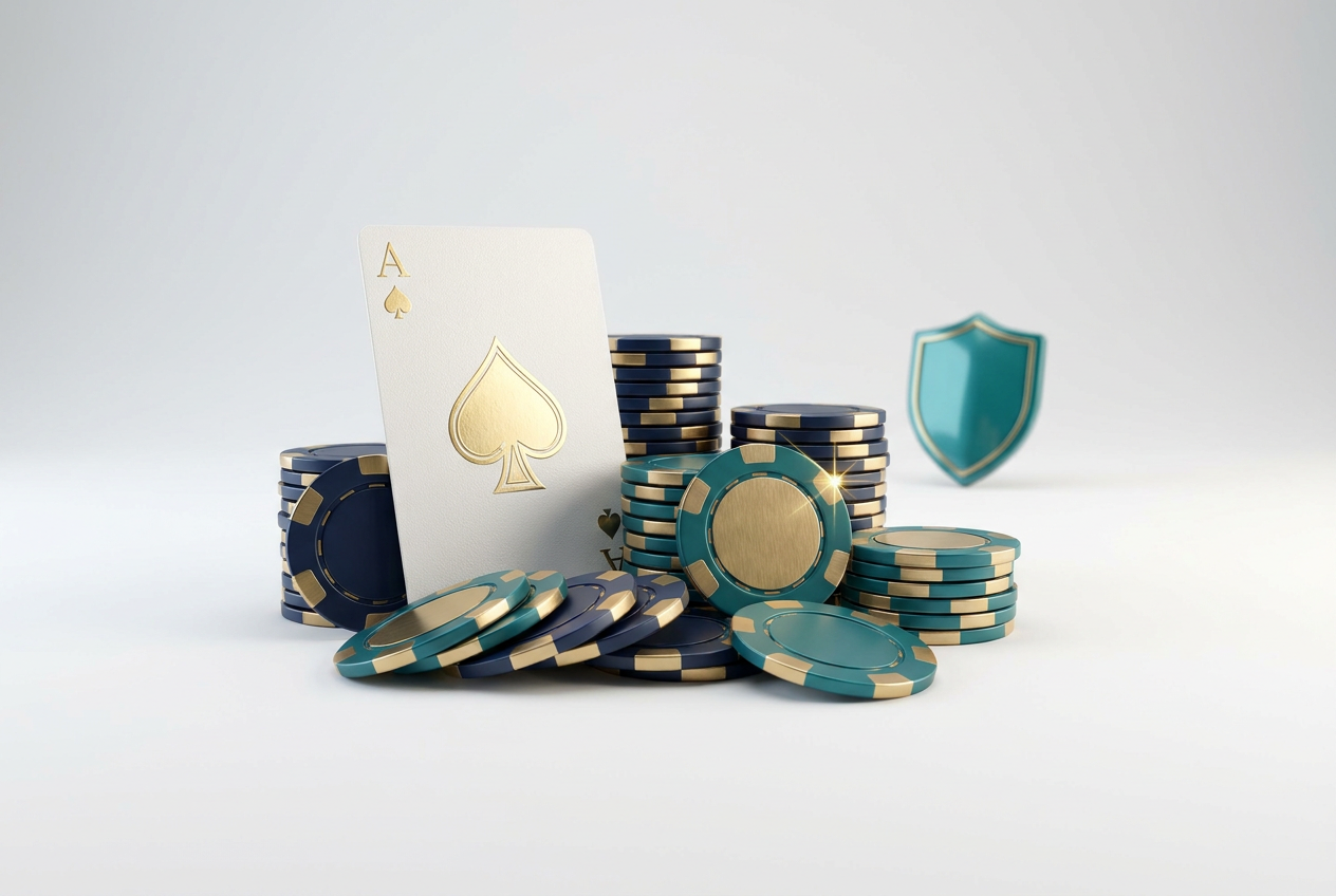 Nya spelmarker, spelkort och en liten sköld – illustration av nya licensierade casinon