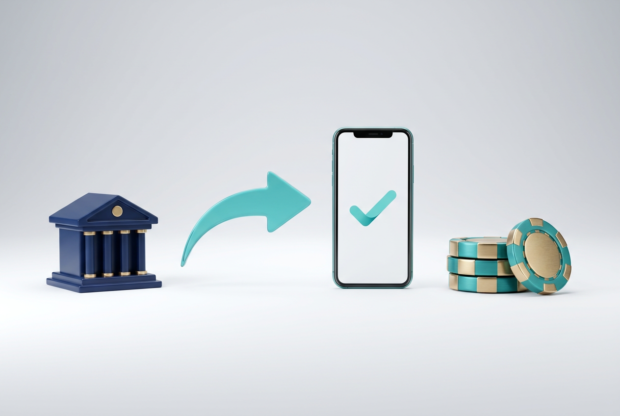 Bank, pil till mobil och spelmarker – illustration av Pay N Play utan registrering