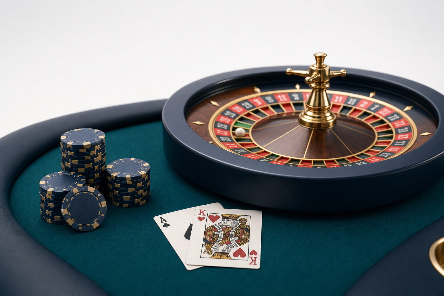 Illustration av ett live casino-bord med roulette och kort